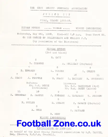 Eltham Rovers v Winget 1960 – Junior Cup Final Schoolboys