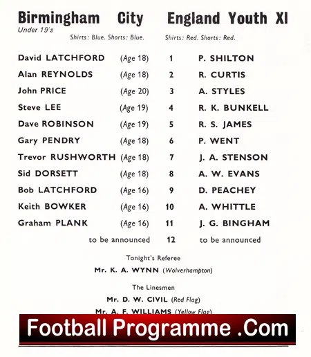 Birmingham City v England 1960s – Youth Under 19 – Peter Shilton
