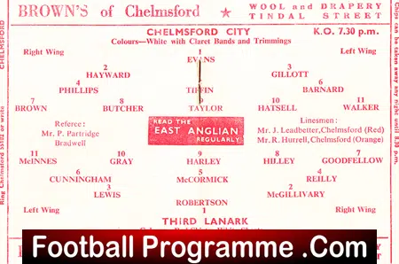 Chelmsford City v Third Lanark 1961 – Friendly Game