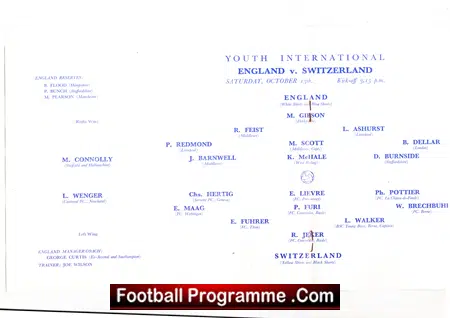 England v Switzerland 1956 – Youth International Brighton Hove