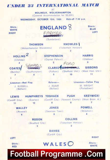 England v Wales 1966 – Under 23 Match Wolverhampton – Harris