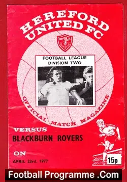 Hereford United v Blackburn Rovers 1977 - football programme