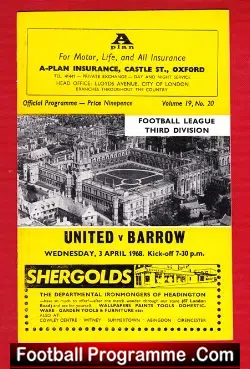Oxford United v Barrow 1968 - football programme
