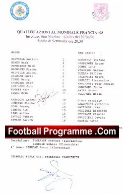 San Marino v Wales 1996 - Official Team Sheet Multi Signed - football memorabilia