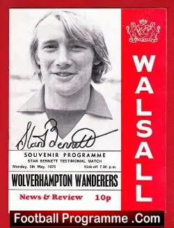 Stan Bennett Testimonial Benefit Match Walsall 1975 - Signed - football programme