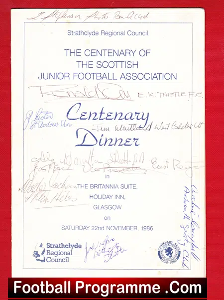 Strathclyde Junior Scottish FA Multi Signed Dinner Do 1986