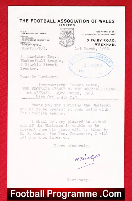 Wales Football Association Official Letter To Alan Hardaker 1960 - football memorabilia