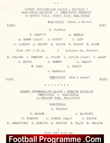 Warlingham v Beddington 1950 – Reserves + Holland Rovers