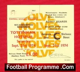 Wolves Wolverhampton v Tottenham 1974 – Full Football Ticket