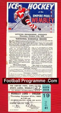 Wembley Ice Hockey v Sweden 1955 - Plus the Match Ticket