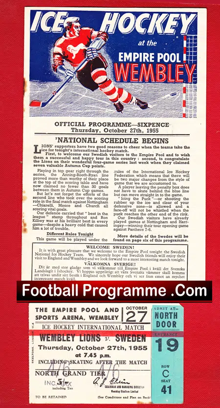 Wembley Ice Hockey v Sweden 1955 - Plus the Match Ticket