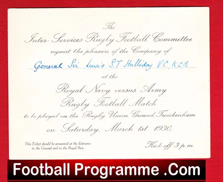Royal Navy Rugby Team v British Army 1930 - Invitation Card