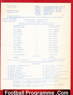 Birmingham City v Plymouth Argyle 1974 – Official Team Sheet
