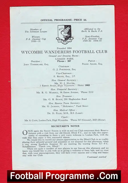 Wycombe Wanderers v Ilford 1955 – Reserves Match