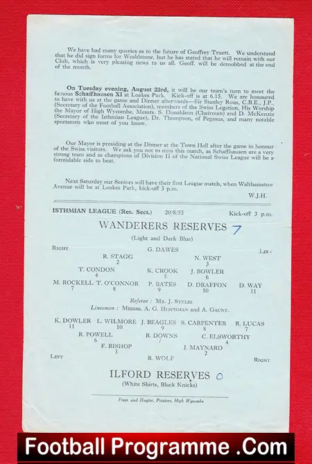 Wycombe Wanderers v Ilford 1955 - Reserves Match
