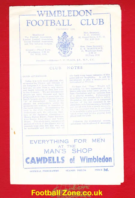 Wimbledon v Lengnau 1956 - Challenge Match - Bern Switzerland