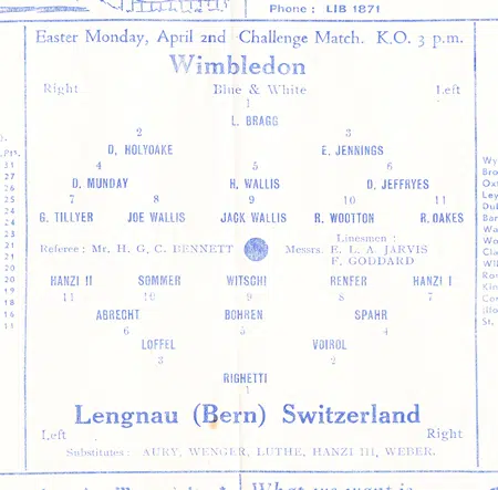 Wimbledon v Lengnau 1956 - Challenge Match - Bern Switzerland