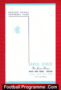 Boston Rugby Club Annual Dinner Menu White Hart Hotel 1950