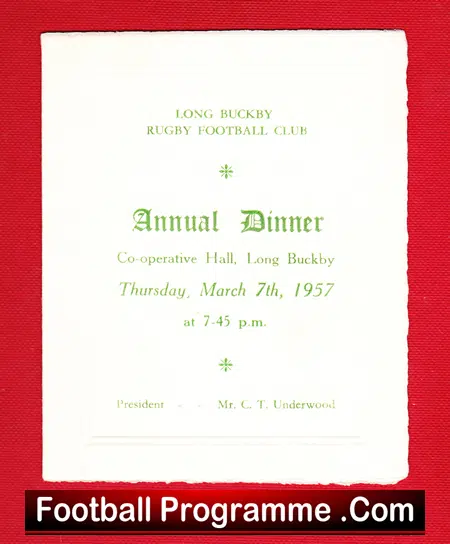 Long Buckby Rugby Club Annual Dinner Menu COOP Hall 1957