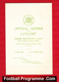 Bromleians Football Club Annual Dinner Menu Empire Wilton 1933