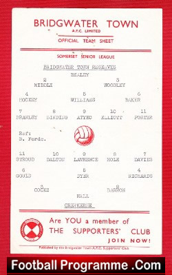 Bridgwater Town v Crewkerne 1960s ? – Official Team Sheet