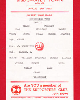 Bridgwater Town v Winscombe 1960s ? – Official Team Sheet