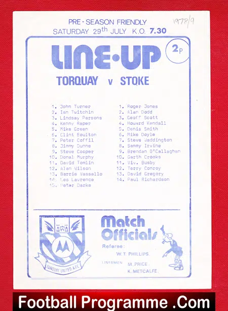 Torquay United v Stoke City 1978 – Official Team Sheet