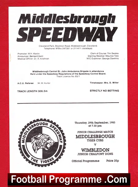 Middlesbrough Speedway v Wimbledon 1983