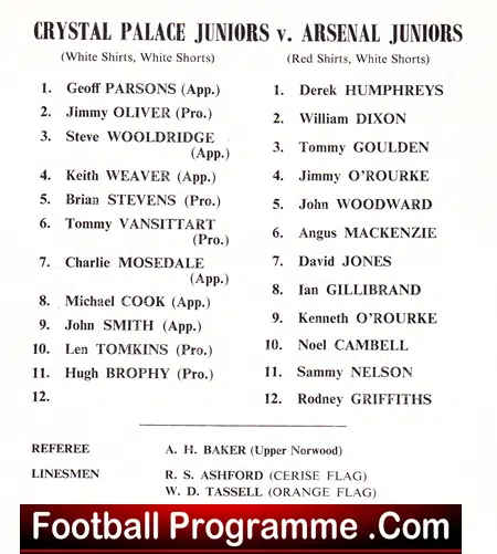 Crystal Palace v Arsenal 1967 - Juniors Match Youth Cup Final