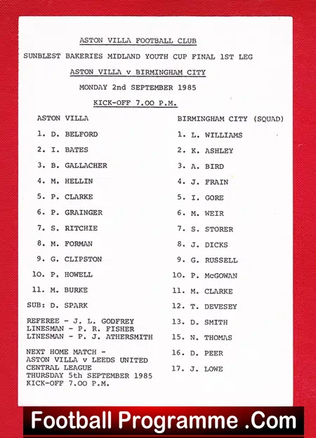 Aston Villa v Birmingham City 1985 – Midlands Youth Cup Final