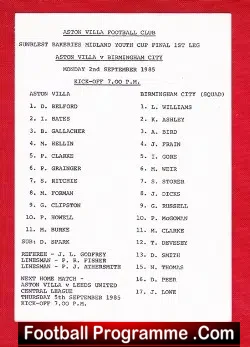 Aston Villa v Birmingham City 1985 – Midlands Youth Cup Final
