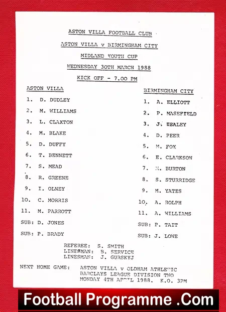 Aston Villa v Birmingham City 1988 – Midlands Youth Cup