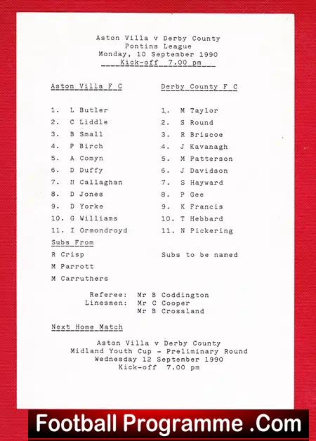 Aston Villa v Derby County 1990 – Reserves – Dwight Yorke
