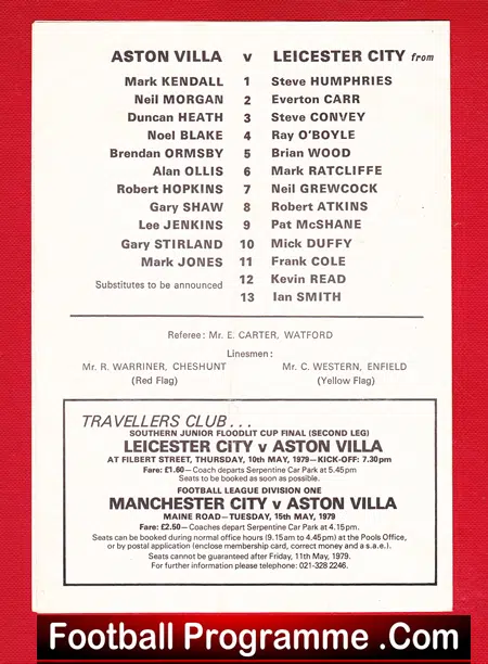 Aston Villa v Leicester City 1979 - Youth Junior Cup