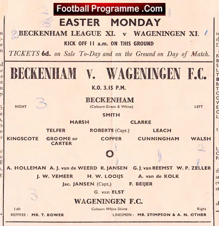 Beckenham Town v Wageningen 1948 – Friendly Match Holland Dutch