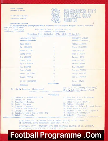 Birmingham City v Plymouth Argyle 1974 – Official Team Sheet