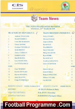 Blackburn Rovers v Manchester United 1999 Treble Season Reserves - football programme