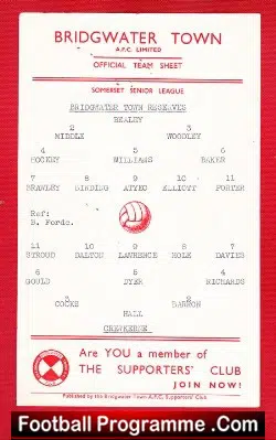 Bridgwater Town v Crewkerne 1960s ? - Official Team Sheet - football memorabilia
