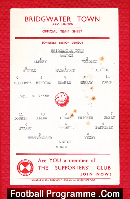 Bridgwater Town v Wells 1960s ? – Official Team Sheet