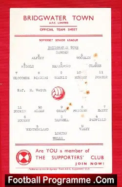 Bridgwater Town v Wells 1960s ? - Official Team Sheet - football memorabilia