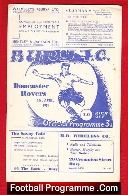 Bury v Doncaster Rovers 1951 - football programme