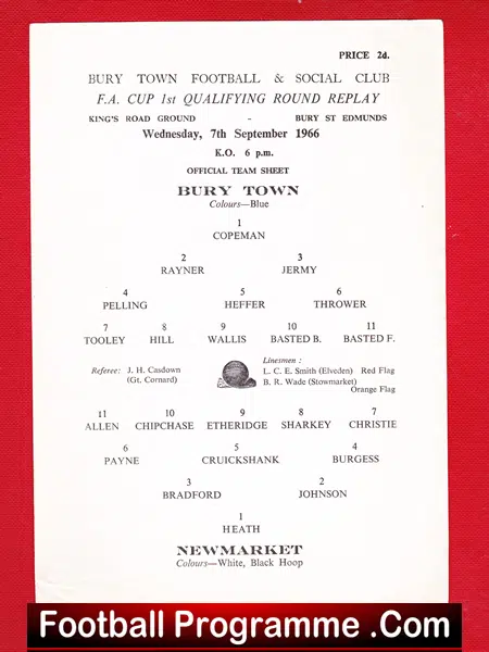 Bury v Newmarket 1966 – Official Team Sheet REPLAY