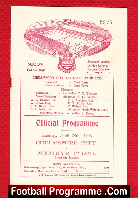 Chelmsford City v Merthyr Tydfil 1948 – Southern League