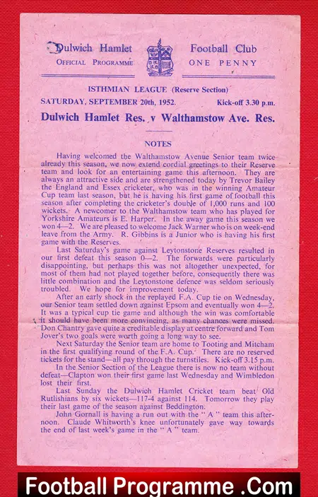 Dulwich Hamlet v Walthamstow Avenue 1952 - Reserves Match