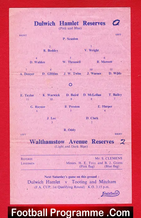 Dulwich Hamlet v Walthamstow Avenue 1952 - Reserves Match