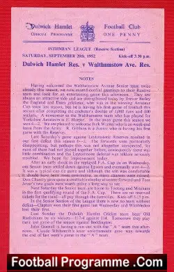 Dulwich Hamlet v Walthamstow Avenue 1952 - Reserves Match - football programme