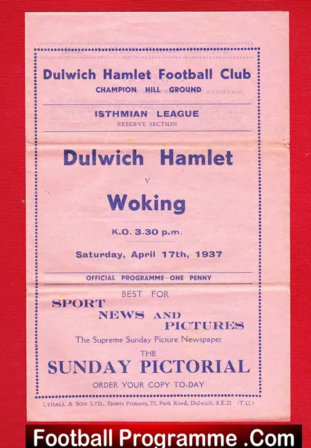 Dulwich Hamlet v Woking 1937 - Rare 1930s Football Programme