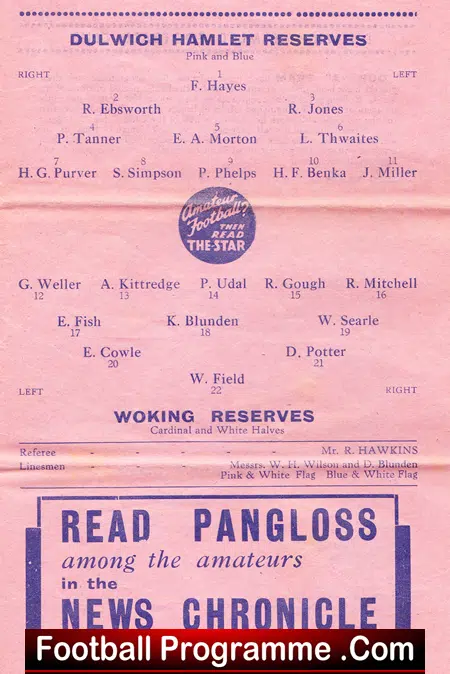 Dulwich Hamlet v Woking 1937 - Rare 1930s Football Programme