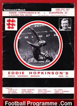Eddie Hopkinson Testimonial Benefit Match Bolton 1971 - SIGNED - football programme