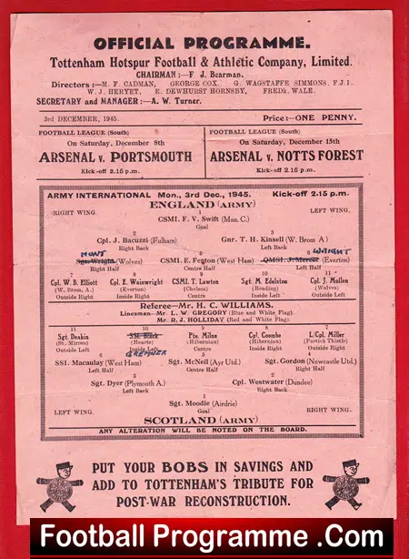 England Army v Scotland Army 1945 – At Tottenham